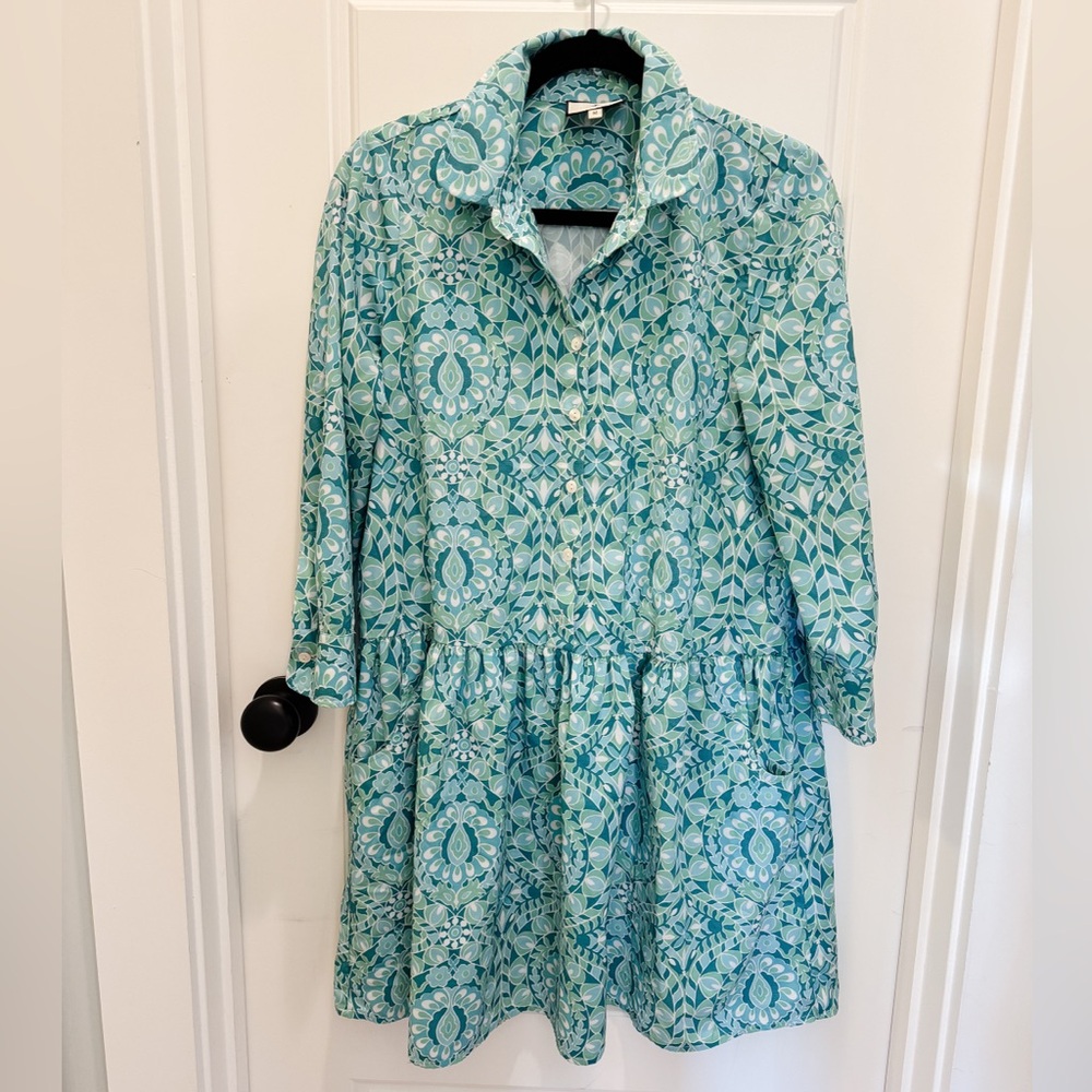 Tuckernuck Teal and White Printed Shirt Dress